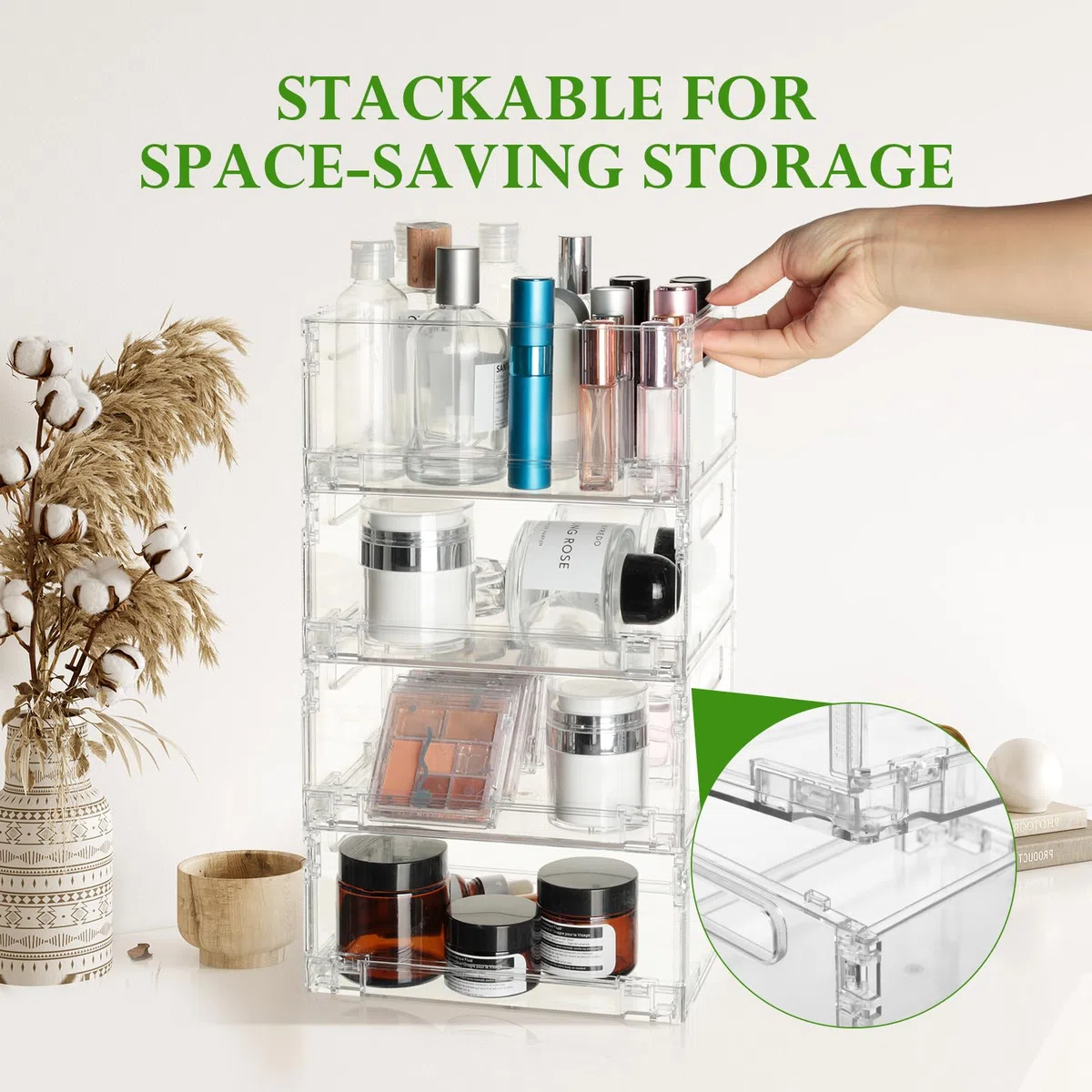 Cozary Set di 4 Organizer Frigorifero Impilabili Pieghevoli, Contenitori Frigo Trasparenti con Maniglia, senza BPA, per Cucine, Frigoriferi, Armadietti, Bagno e Dispense, 20,5 x 15,5 x 9,5 cm