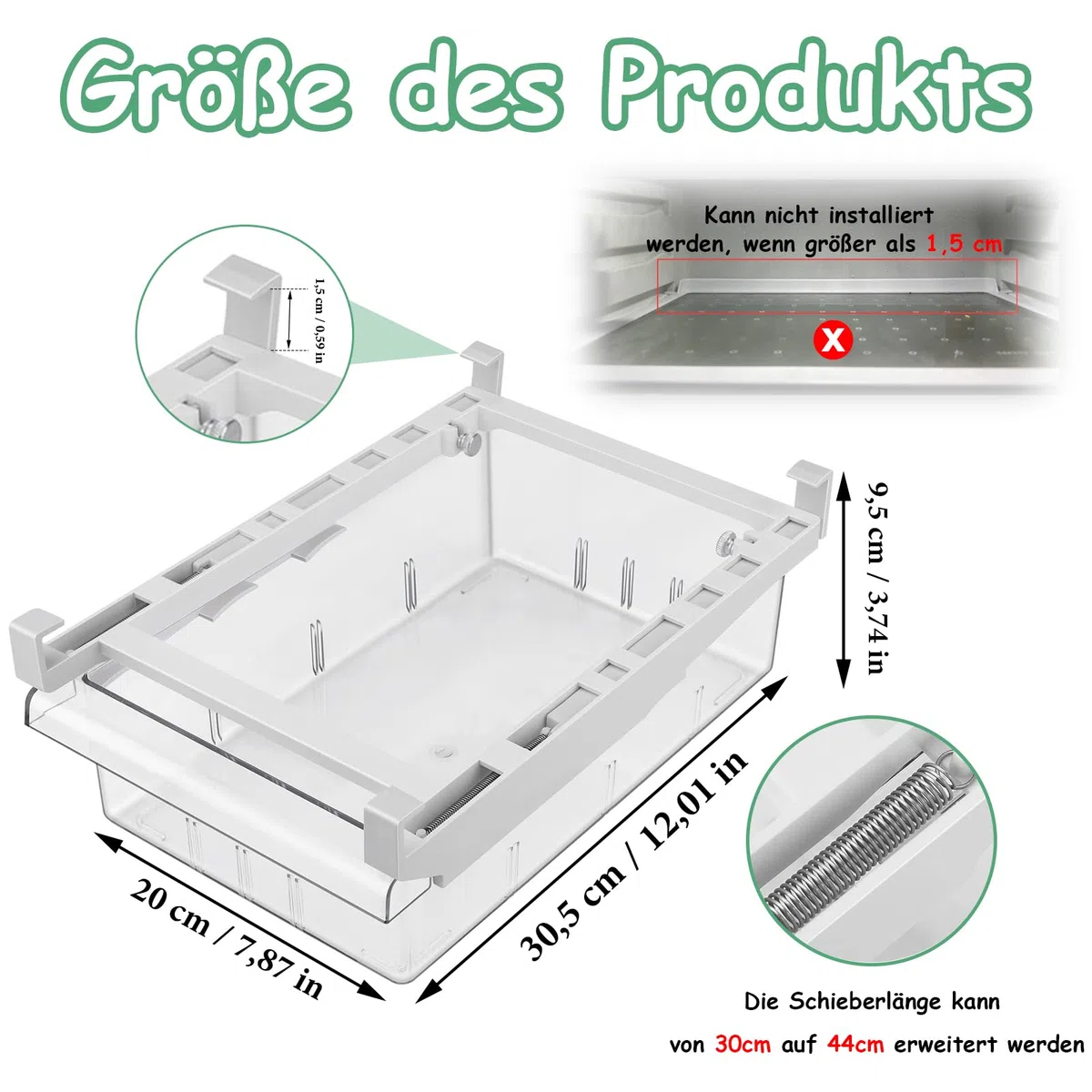 Organizzatore per Frigorifero, 30,5 x 20 x 9,5 cm, Organizzatore a Cassetto Retrattile per Frigorifero, Organizer per Cassetti Frigo Trasparente Rimovibile Contenitori, per Verdure, Frutta, Uova