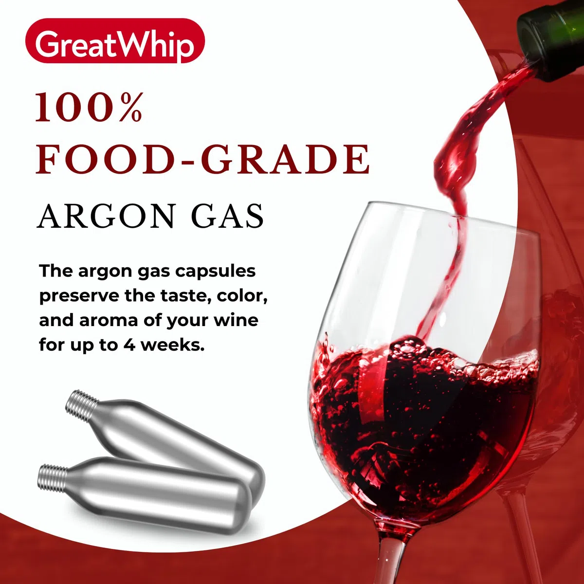 GreatWhip Argon - Capsule di gas compatibili con sistemi di conservazione del vino (10 confezioni), in plastica, colore argento, tappo cicindrico per la conservazione del vino