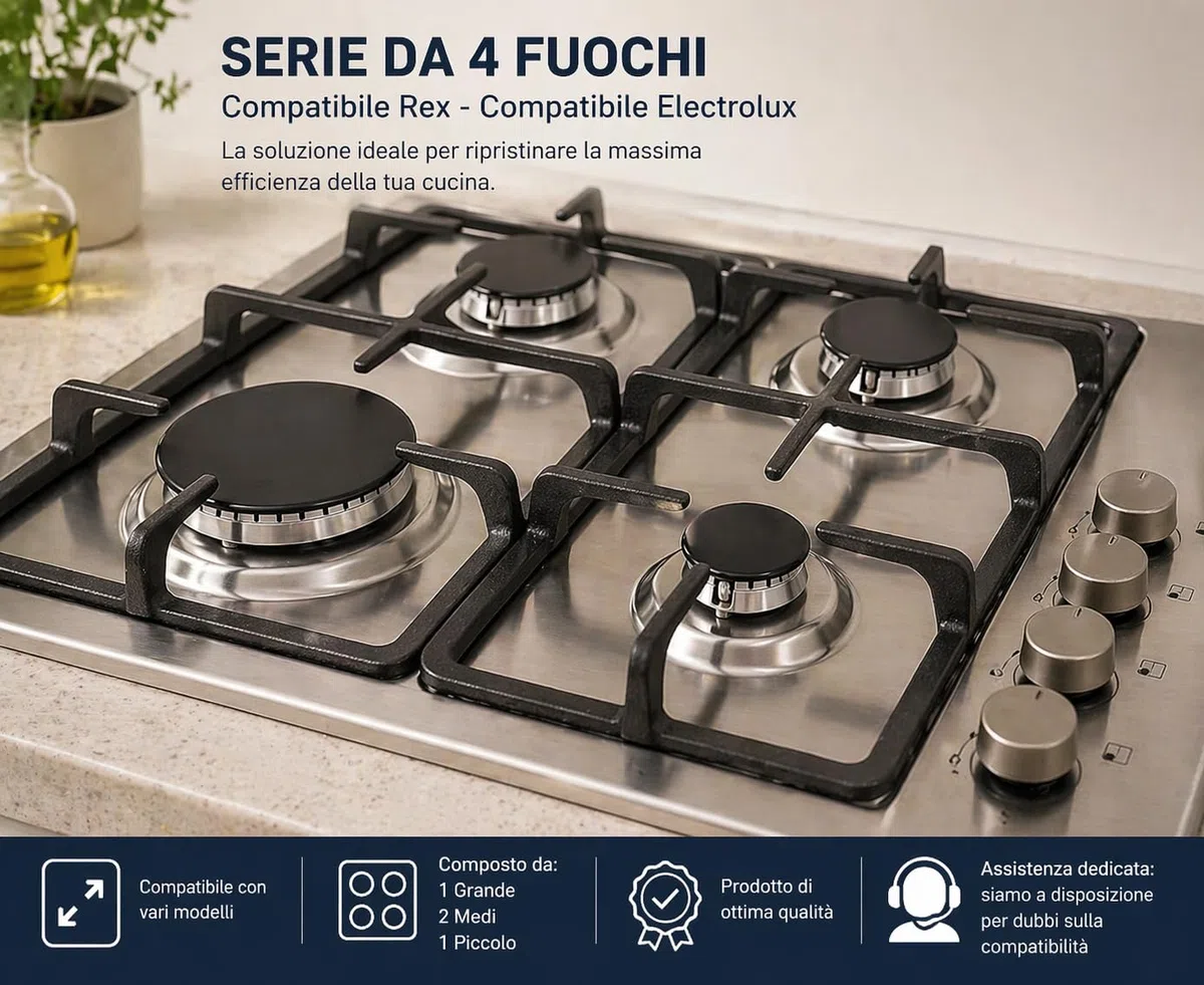 RYELDOM Serie da 4 Fuochi per Cucina Compatibile con Rex ed Electrolux, Kit Bruciatori Piano Cottura 1 Grande 2 Medi 1 Piccolo