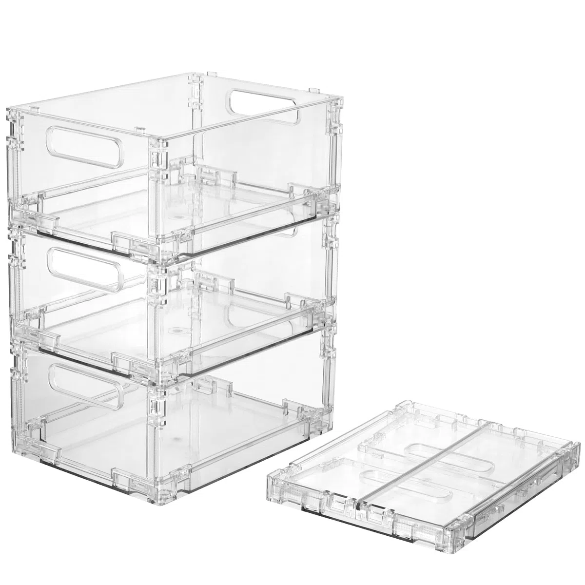 Cozary Set di 4 Organizer Frigorifero Impilabili Pieghevoli, Contenitori Frigo Trasparenti con Maniglia, senza BPA, per Cucine, Frigoriferi, Armadietti, Bagno e Dispense, 20,5 x 15,5 x 9,5 cm