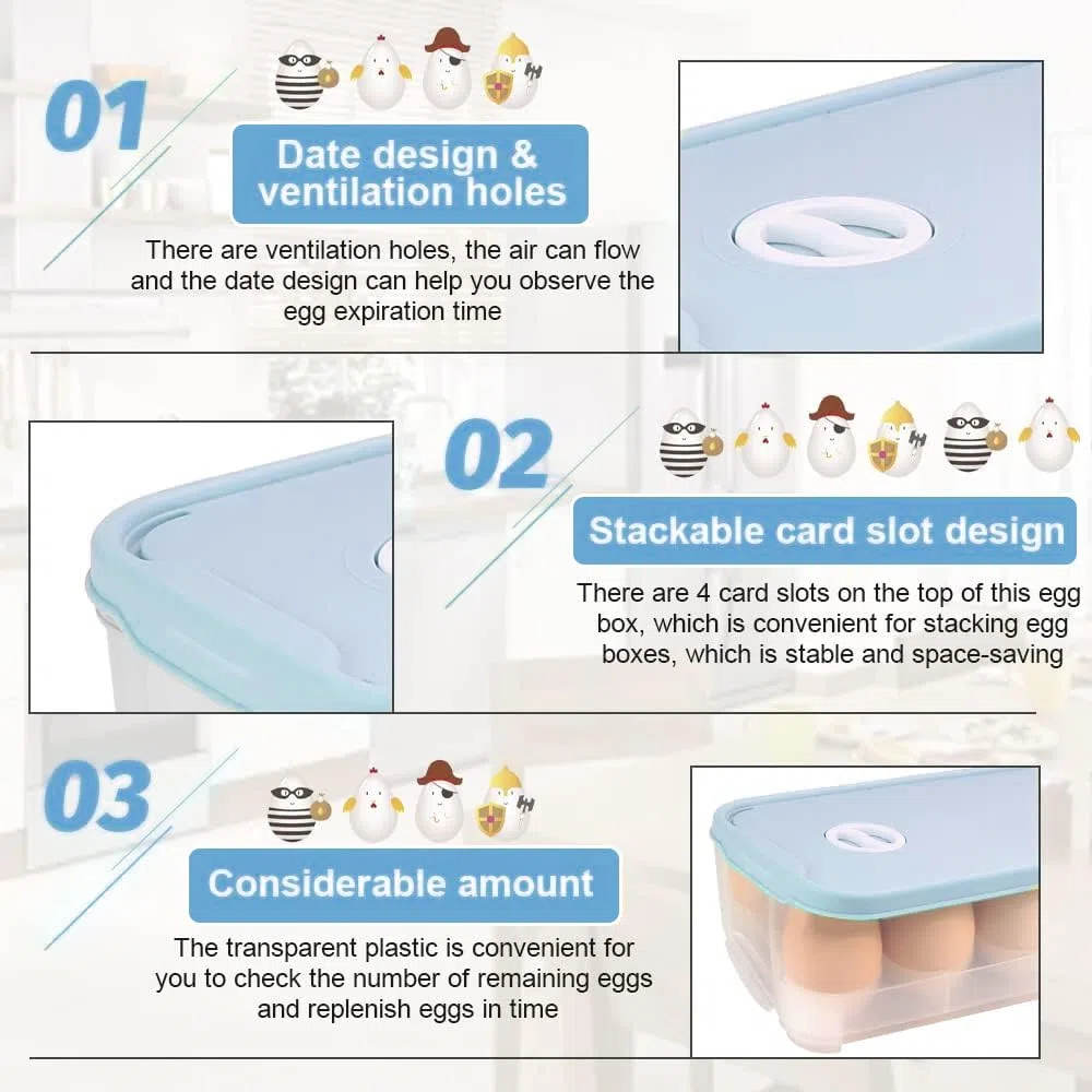Set di 2 Portauova Plastica a 10 Scomparti Contenitore Plastica Uova per Frigorifero Scatole Porta Uova con Coperchio, con Numeri di Promemoria della Data, 24.5 * 12 * 7cm, Azzurro
