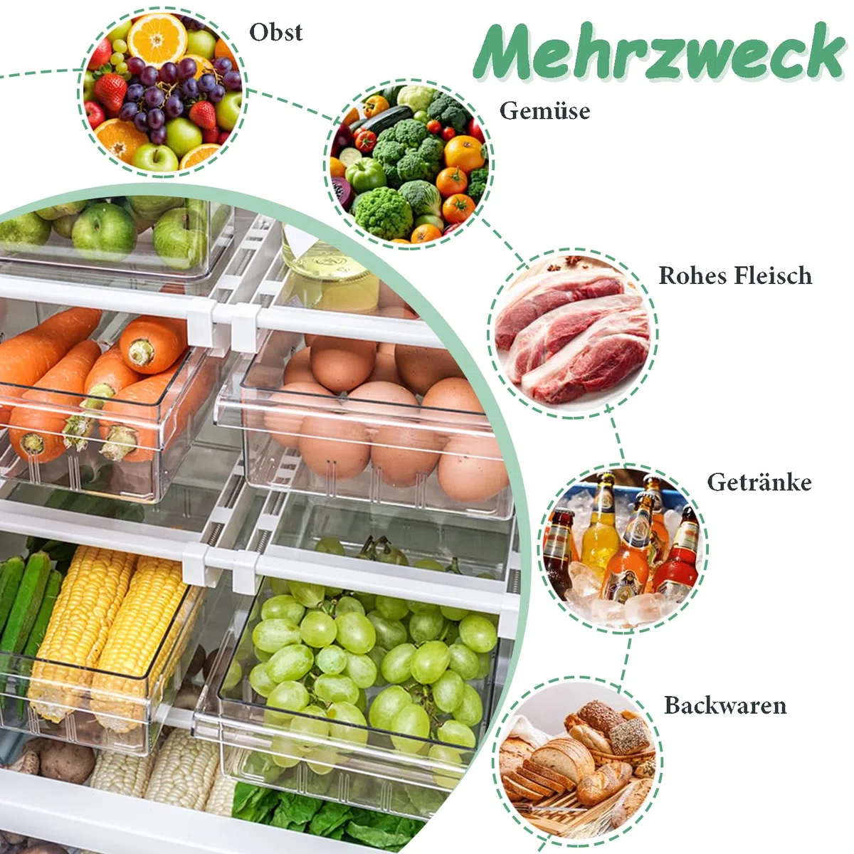 Organizzatore per Frigorifero, 30,5 x 20 x 9,5 cm, Organizzatore a Cassetto Retrattile per Frigorifero, Organizer per Cassetti Frigo Trasparente Rimovibile Contenitori, per Verdure, Frutta, Uova