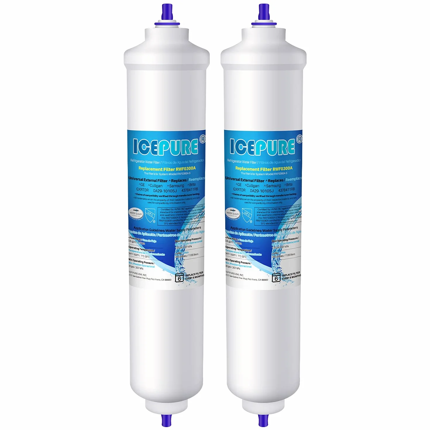 ICEPURE Filtro per frigorifero Compatibile Con Samsung DA29-10105J, DA29-10105J HAFEX/EXP, DA99-02131B, WSF-100, EF9603, HAIER LG Frigorifero a linea, 2 pezzi.