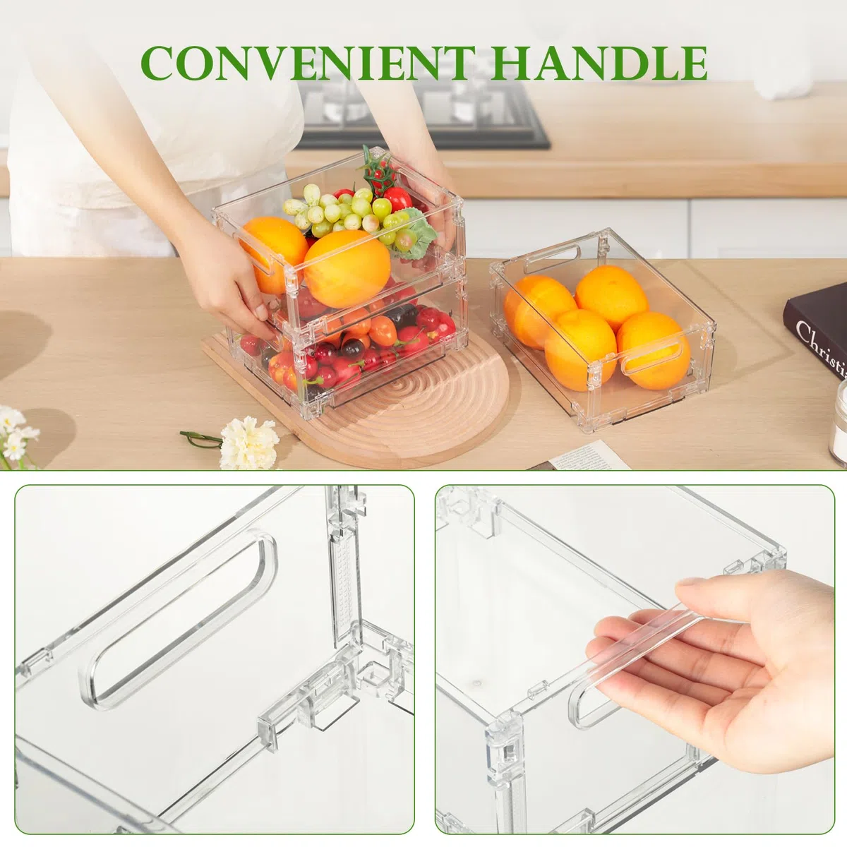 Cozary Set di 4 Organizer Frigorifero Impilabili Pieghevoli, Contenitori Frigo Trasparenti con Maniglia, senza BPA, per Cucine, Frigoriferi, Armadietti, Bagno e Dispense, 20,5 x 15,5 x 9,5 cm