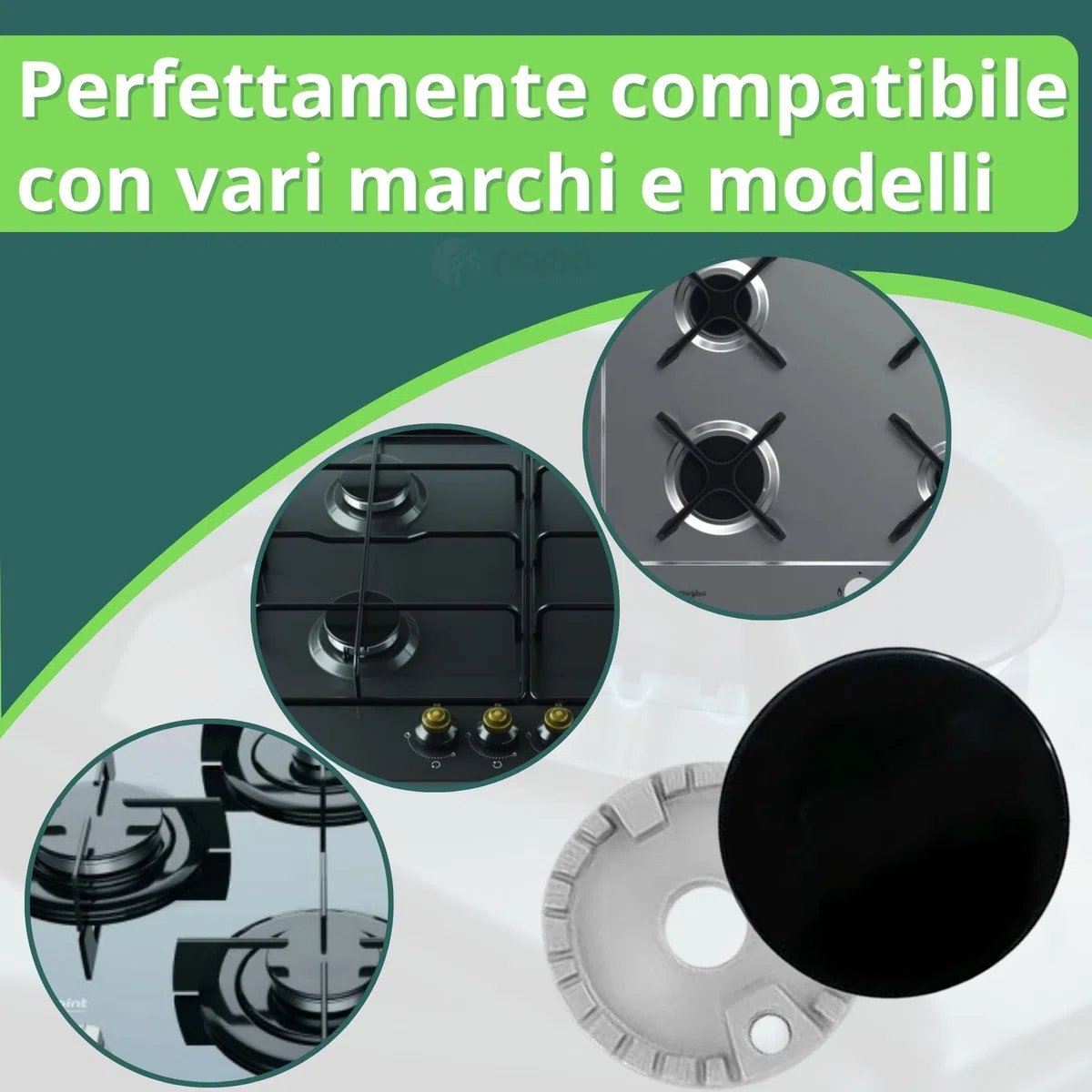 NAMAI - Set di 4 Piattelli Per Fornelli a Gas + 4 Bruciatori Fornelli a Gas, Compatibili con Ariston, Nardi, Whirpool, Ricambi Cucina a Gas, Facili da Installare (4 Piatt. + 4 Bruc.)