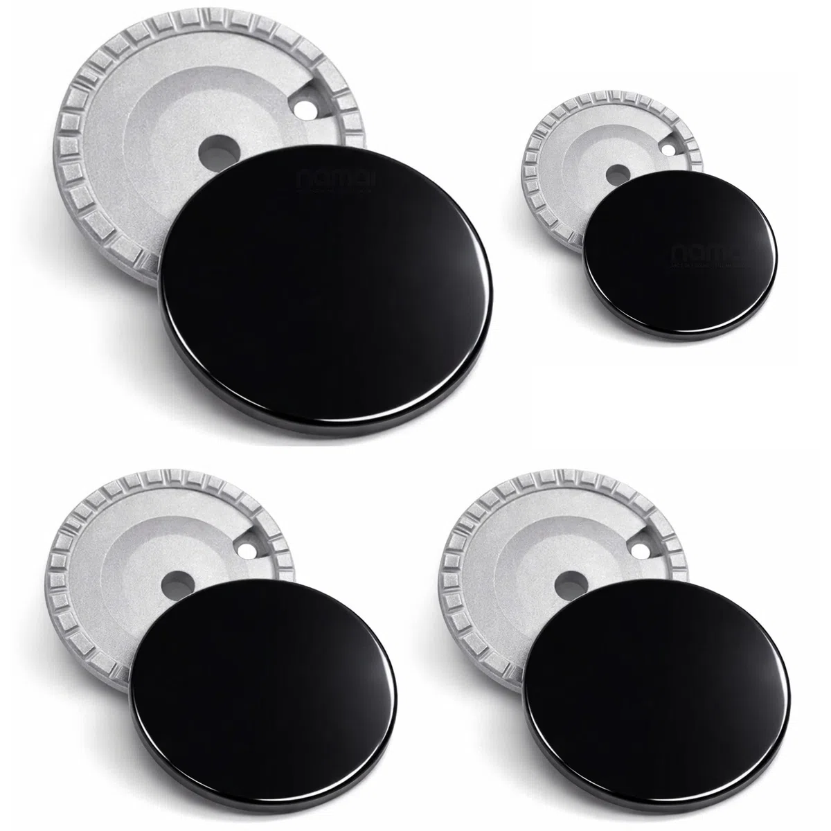 NAMAI - Set di 4 Piattelli Per Fornelli a Gas + 4 Bruciatori Fornelli a Gas, Compatibili con Ariston, Nardi, Whirpool, Ricambi Cucina a Gas, Facili da Installare (4 Piatt. + 4 Bruc.)