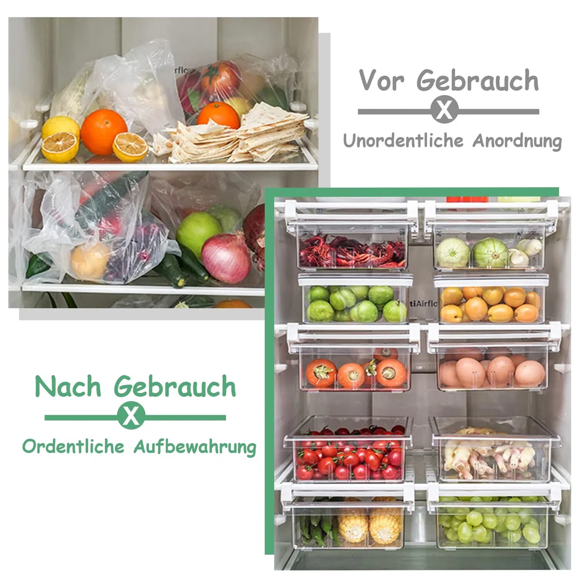Organizzatore per Frigorifero, 30,5 x 20 x 9,5 cm, Organizzatore a Cassetto Retrattile per Frigorifero, Organizer per Cassetti Frigo Trasparente Rimovibile Contenitori, per Verdure, Frutta, Uova