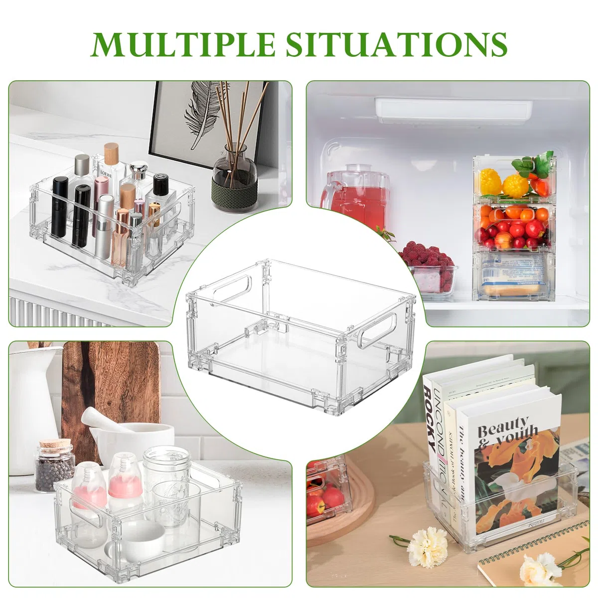 Cozary Set di 4 Organizer Frigorifero Impilabili Pieghevoli, Contenitori Frigo Trasparenti con Maniglia, senza BPA, per Cucine, Frigoriferi, Armadietti, Bagno e Dispense, 20,5 x 15,5 x 9,5 cm