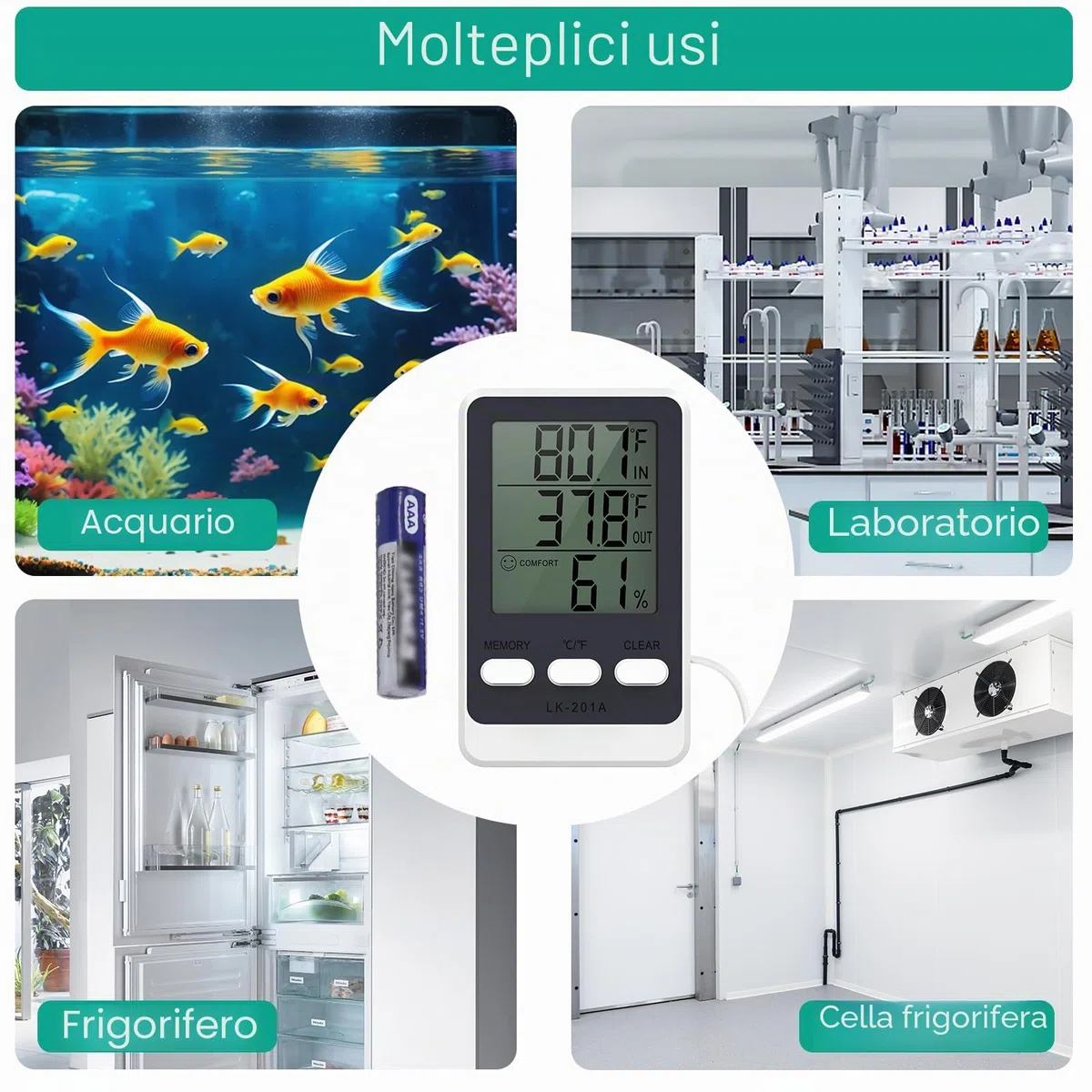 ORIA Termometro Frigorifero Digitale con Sonda Impermeabile, Misuratore Umidità e Temperatura con Funzione Min/Max, 3 Modalità Installazione, Compatibile con Frigorifero, Congelatore, Acquario