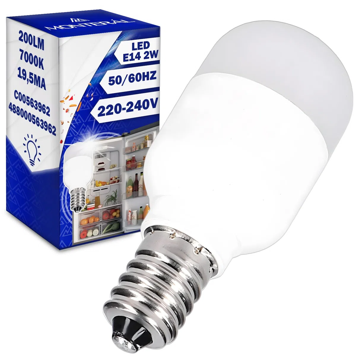 MONTERAL Lampada LED E14 per Frigorifero con Congelatore 2W 220-240V 50/60Hz 200Lm 7000K 19,5mA