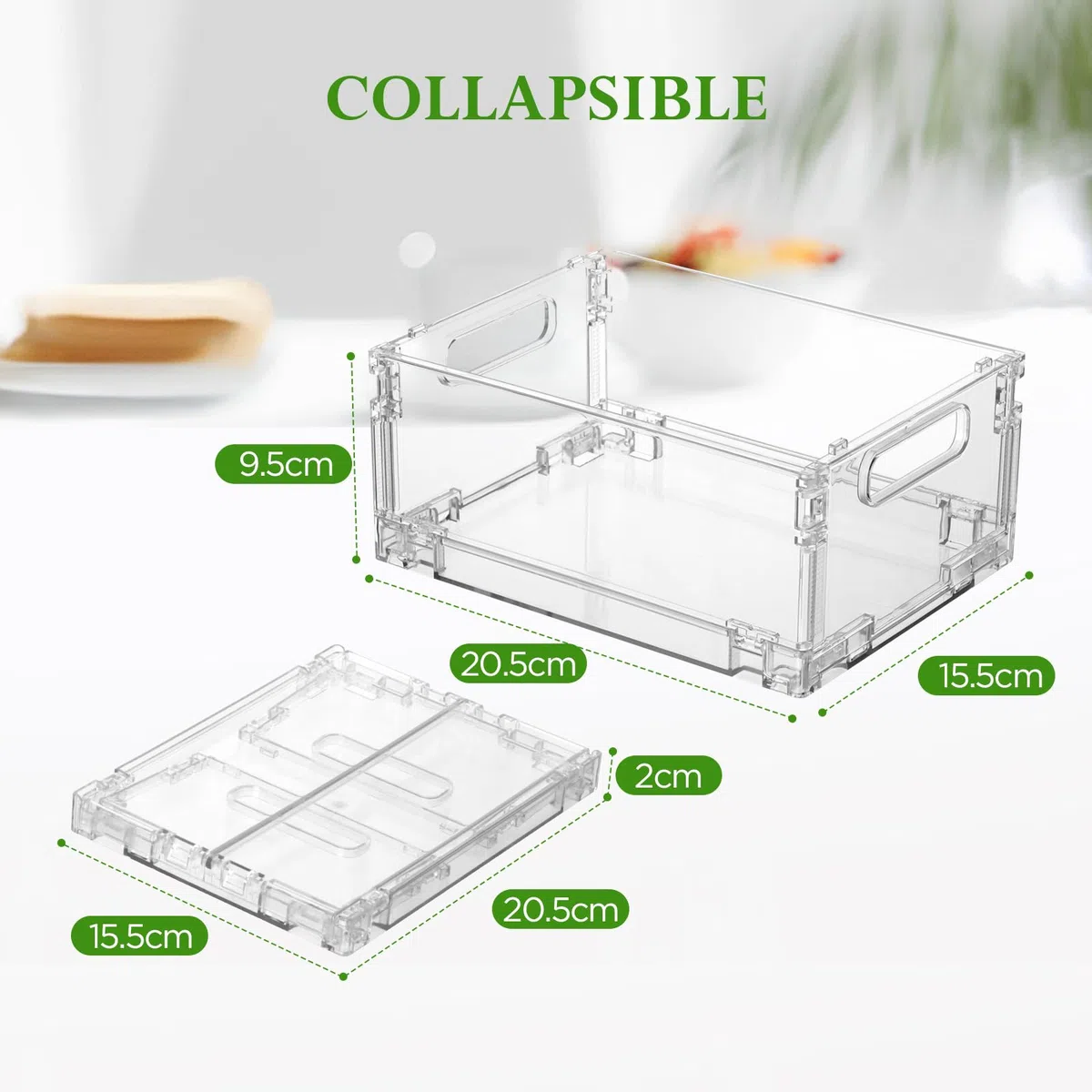Cozary Set di 4 Organizer Frigorifero Impilabili Pieghevoli, Contenitori Frigo Trasparenti con Maniglia, senza BPA, per Cucine, Frigoriferi, Armadietti, Bagno e Dispense, 20,5 x 15,5 x 9,5 cm