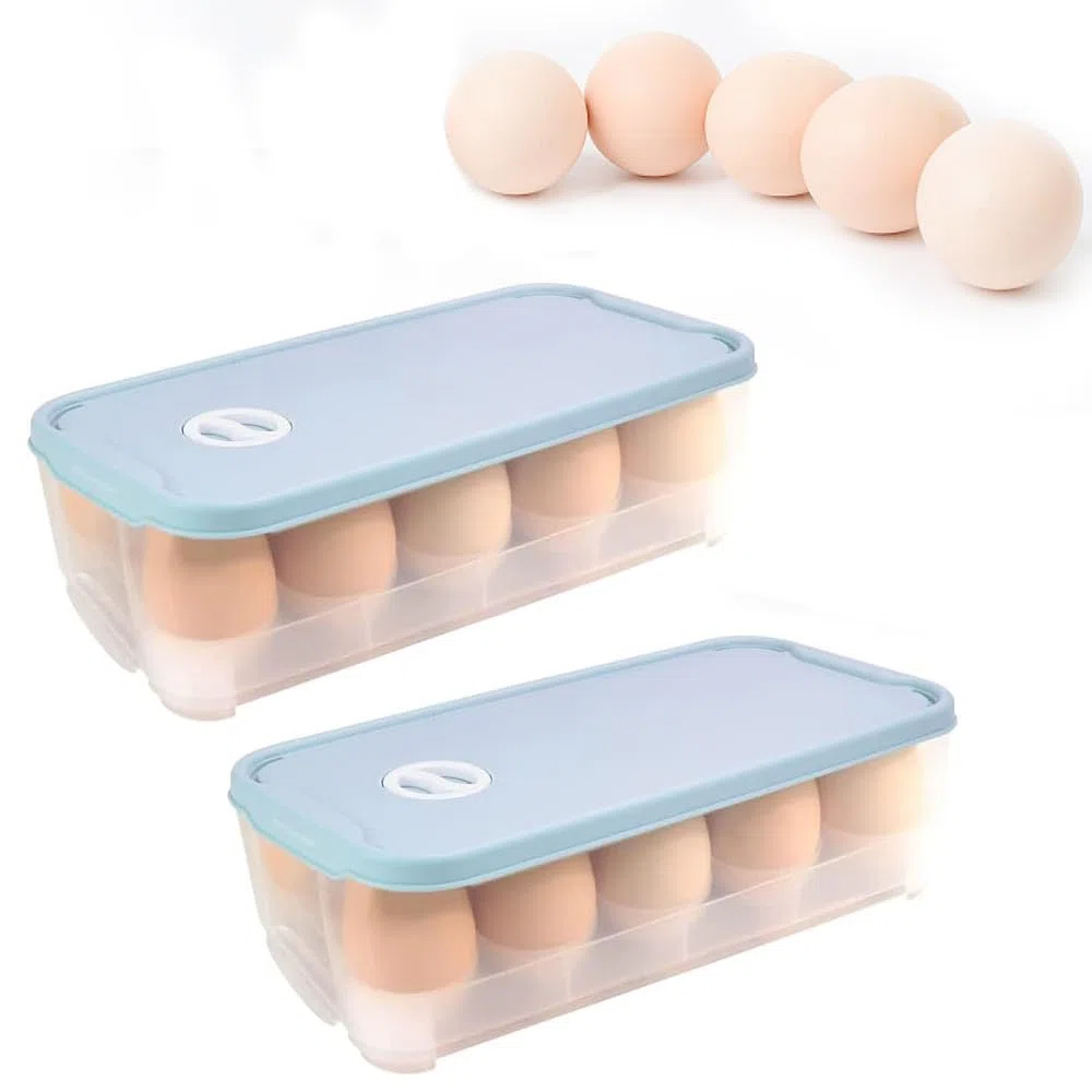 Set di 2 Portauova Plastica a 10 Scomparti Contenitore Plastica Uova per Frigorifero Scatole Porta Uova con Coperchio, con Numeri di Promemoria della Data, 24.5 * 12 * 7cm, Azzurro