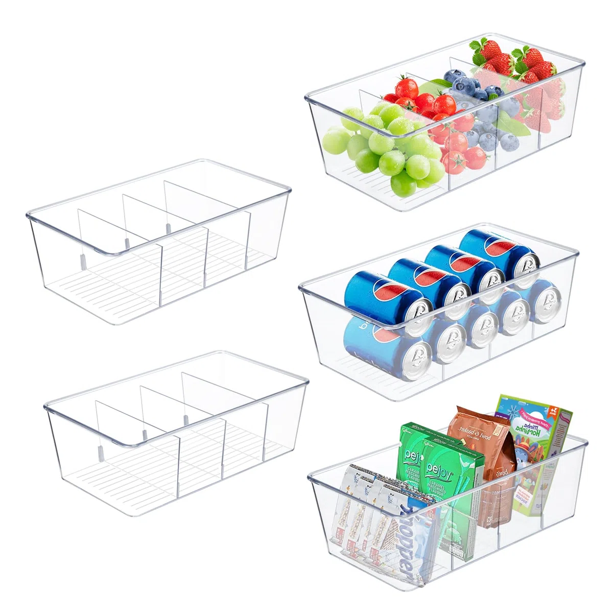 Set di 2 Organizer Frigorifero Cucina Organiser Frigo Contenitori Trasparenti Organizer con 4 scomparti,senza BPA,adatto per conservare bustine di tè,snack e spezie(Trasparente)