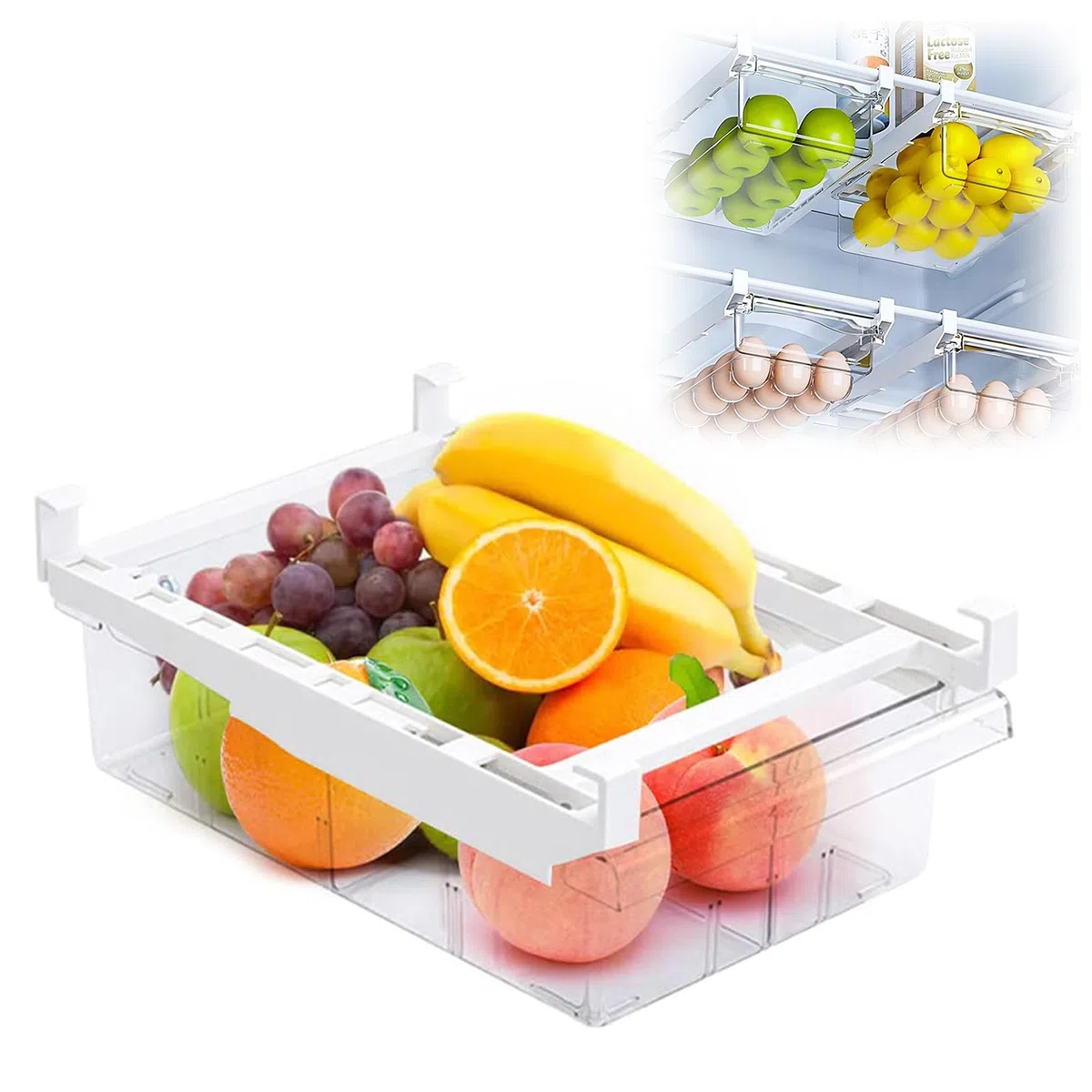Organizzatore per Frigorifero, 30,5 x 20 x 9,5 cm, Organizzatore a Cassetto Retrattile per Frigorifero, Organizer per Cassetti Frigo Trasparente Rimovibile Contenitori, per Verdure, Frutta, Uova