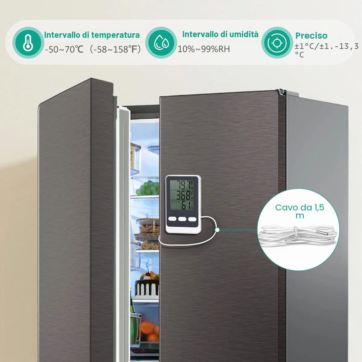 ORIA Termometro Frigorifero Digitale con Sonda Impermeabile, Misuratore Umidità e Temperatura con Funzione Min/Max, 3 Modalità Installazione, Compatibile con Frigorifero, Congelatore, Acquario
