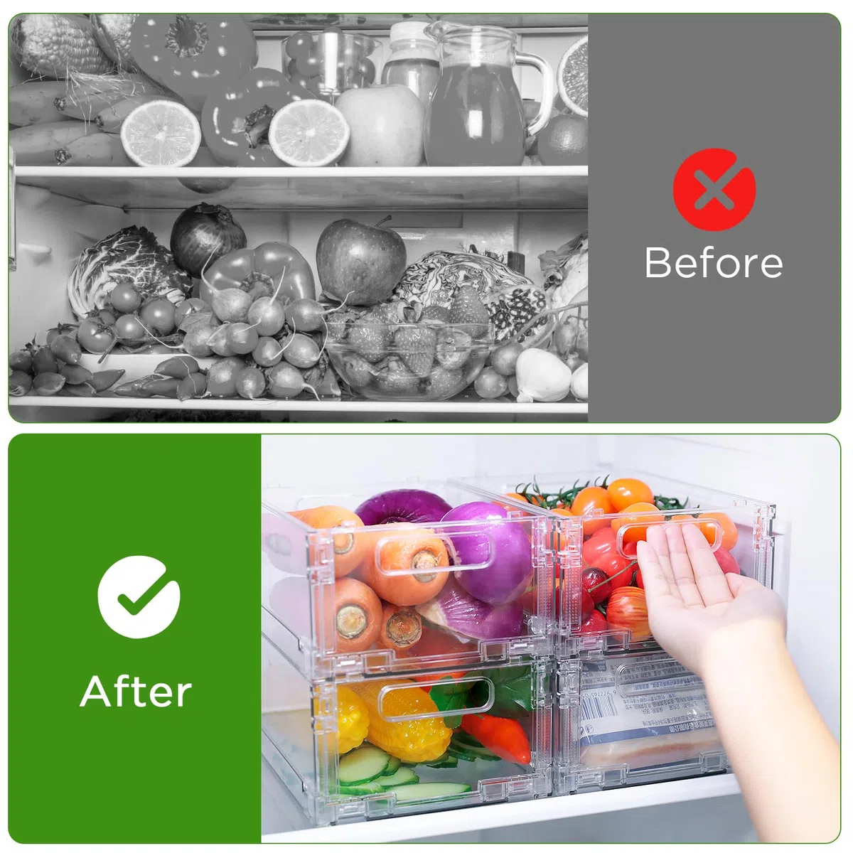 Cozary Set di 4 Organizer Frigorifero Impilabili Pieghevoli, Contenitori Frigo Trasparenti con Maniglia, senza BPA, per Cucine, Frigoriferi, Armadietti, Bagno e Dispense, 20,5 x 15,5 x 9,5 cm