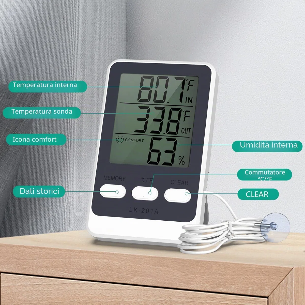 ORIA Termometro Frigorifero Digitale con Sonda Impermeabile, Misuratore Umidità e Temperatura con Funzione Min/Max, 3 Modalità Installazione, Compatibile con Frigorifero, Congelatore, Acquario