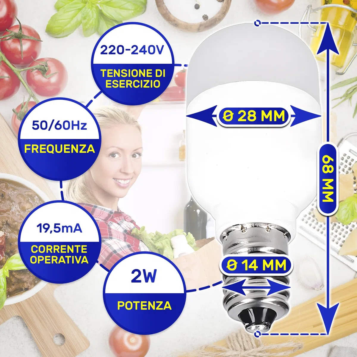 MONTERAL Lampada LED E14 per Frigorifero con Congelatore 2W 220-240V 50/60Hz 200Lm 7000K 19,5mA