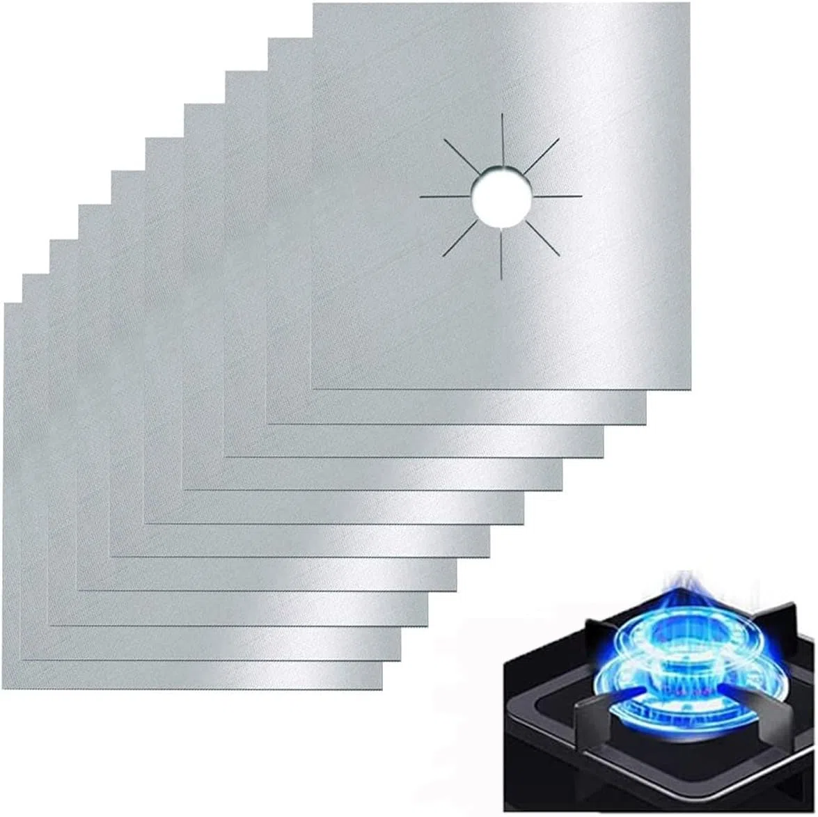 10 PCS Proteggi Fornelli Cucina, Protezioni per Fornelli a Gas, Coperchio Piano Cottura, Doppio Spessore,Rivestimento Antiaderente, Copri Piano Cottura,Rivestimento Cucina (Argento)