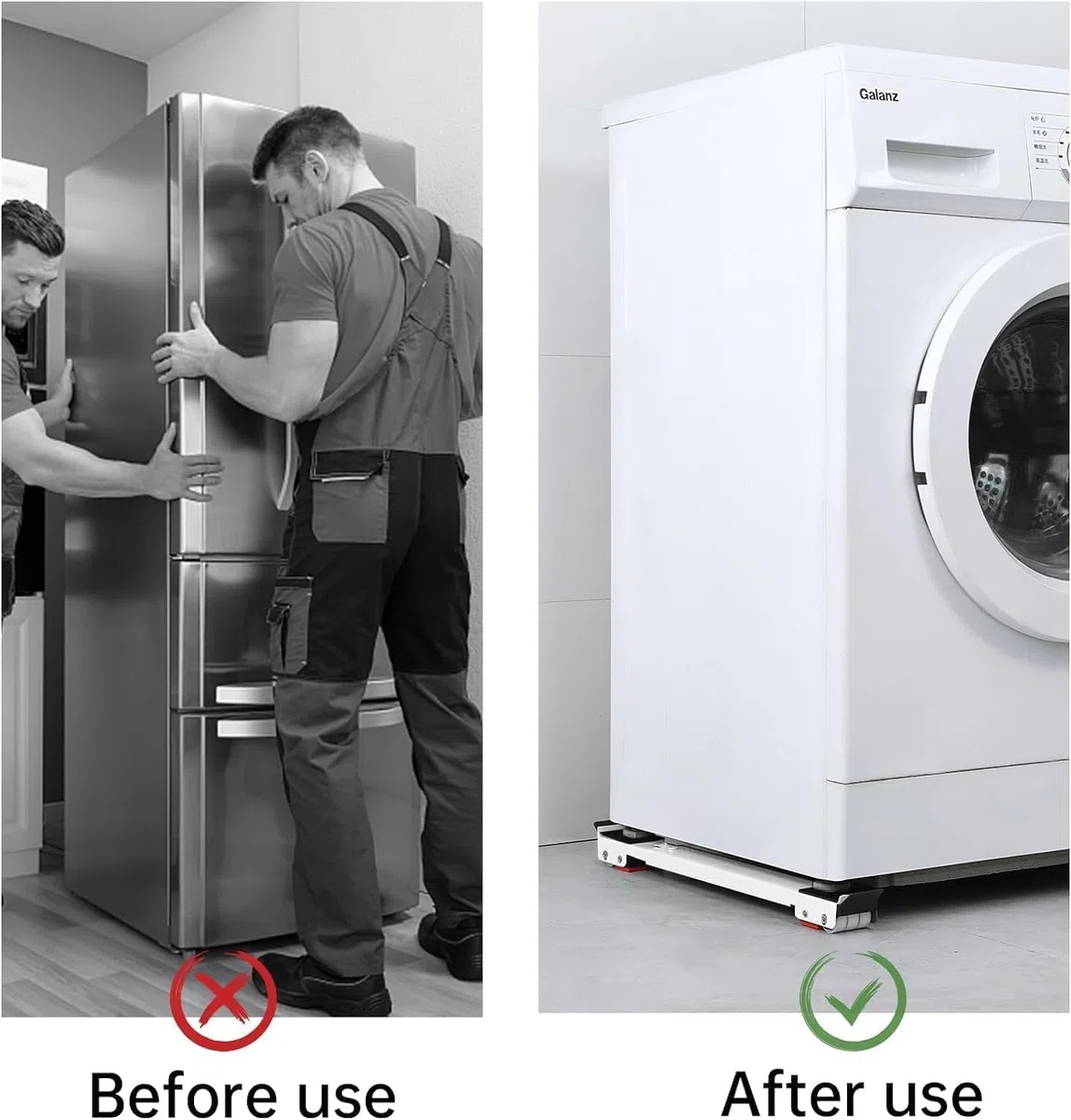 2 Pezzi Base lavabiancheria Regolabile con Freno, Rullo per Mobili per Carichi Pesanti per lavatrice, Asciugatrice, Frigorifero, lunghezza(45-72 cm), Capacità di Carico 300 kg,18 Ruote(Bianco)