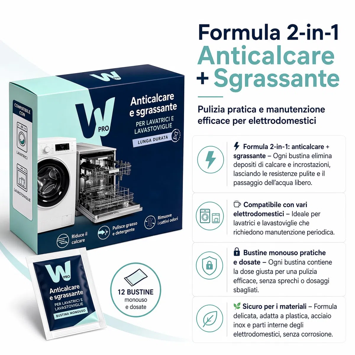 RYELDOM Decalcificante & Sgrassante in Bustine (12 pz) – Cura Completa per Elettrodomestici, Lavatrici,Lavastoviglie – Anticalcare Potente + Formula Sgrassante