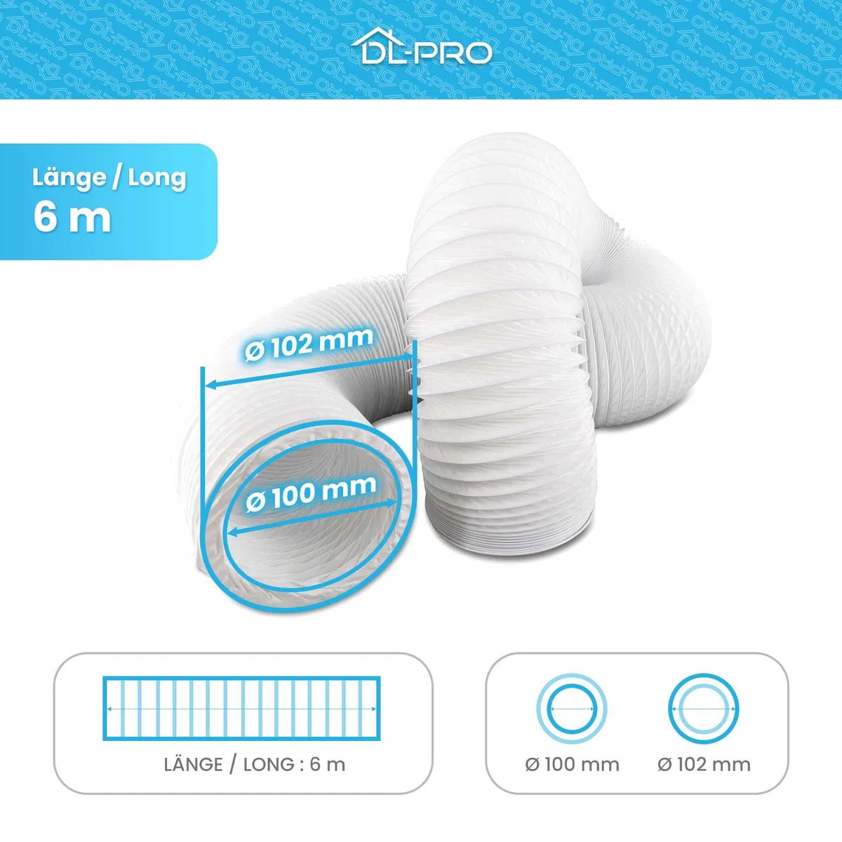 DL-pro 6 m Tubo scarico Ø100 mm – Tubo flessibile PVC bianco per climatizzatore, asciugatrice, cappa – NON adatto Ø102 mm