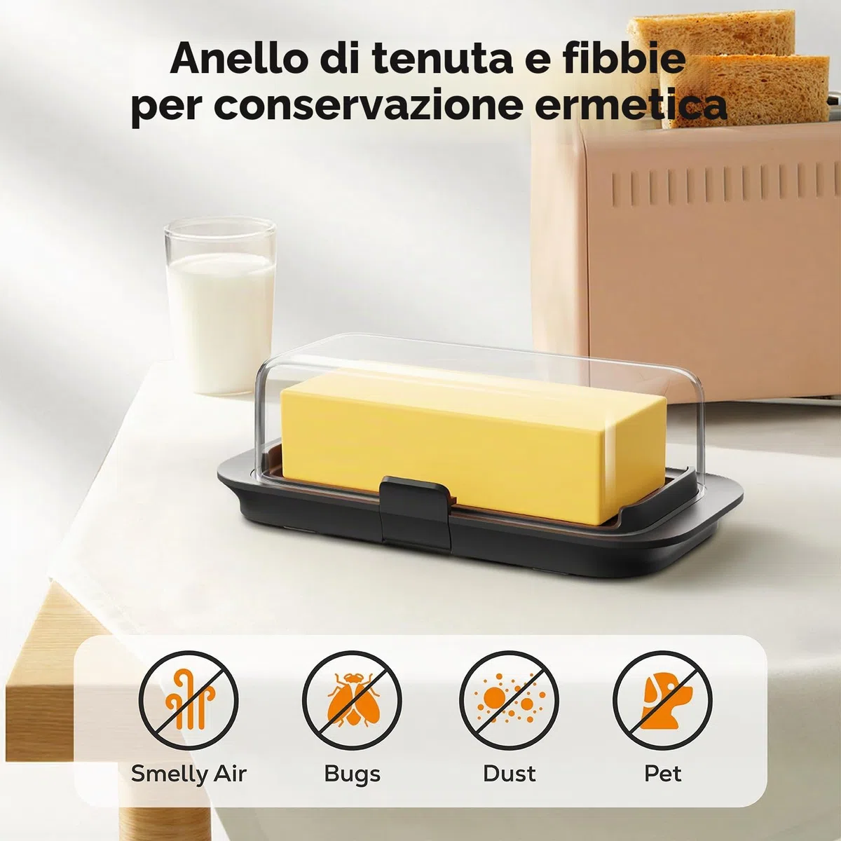 Pisol Burriera, per 250 g di burro, Grande Portaburro con Coperchio per Piano di Lavoro e Frigorifero, Ripiano Porta del Frigorifero, Portaburro Ermetico per Burro Europeo/Kerrygold/Burro Francese