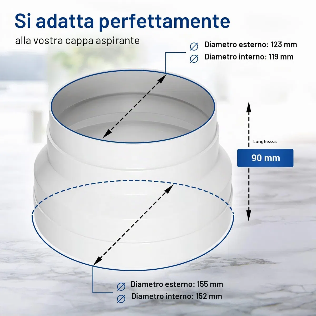 VIOKS Adattatore Tubo di Scarico 150 mm - 125 mm, Riduttore per Cappa Aspirante, Connettore per Tubo di Ventilazione in PVC