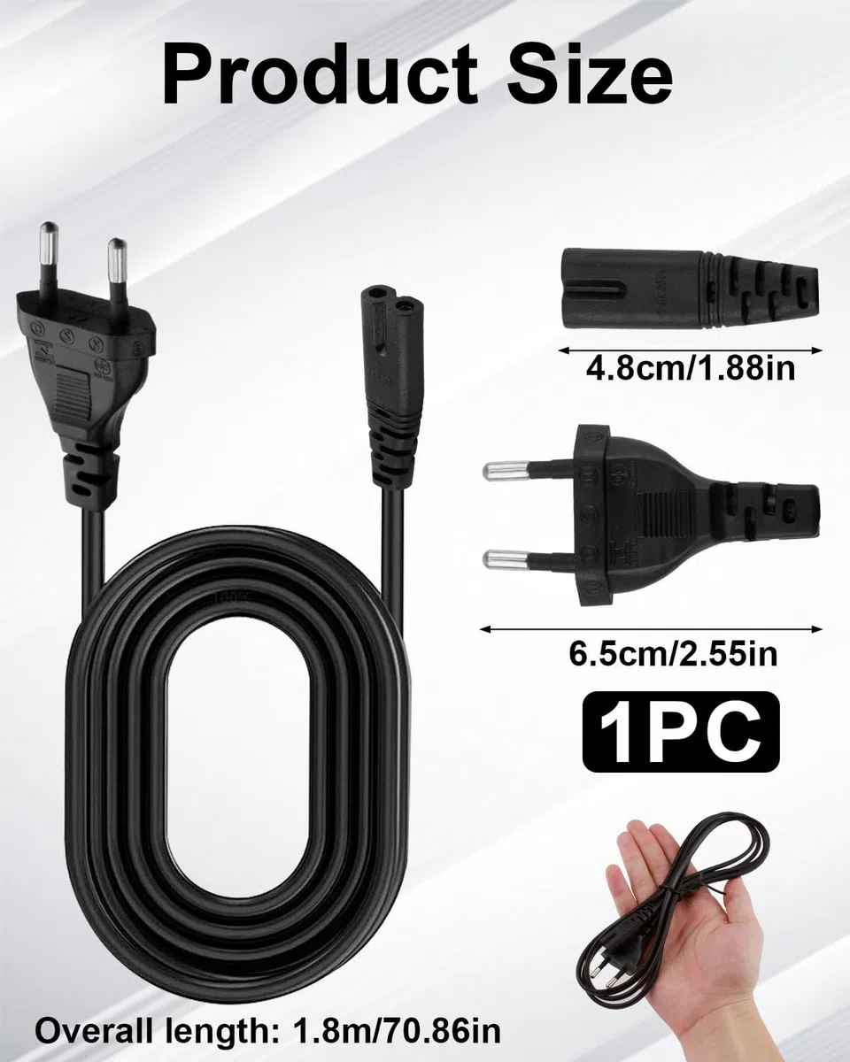 Cavo Alimentazione IEC320 C7 1.8m con 2 Poli Spina Euro per Monitor PC PS4 PS5 PS3 DVD Book Radio Stampante HP PC Portatile Adattatore Samsung Philips LG Sony TV Nero
