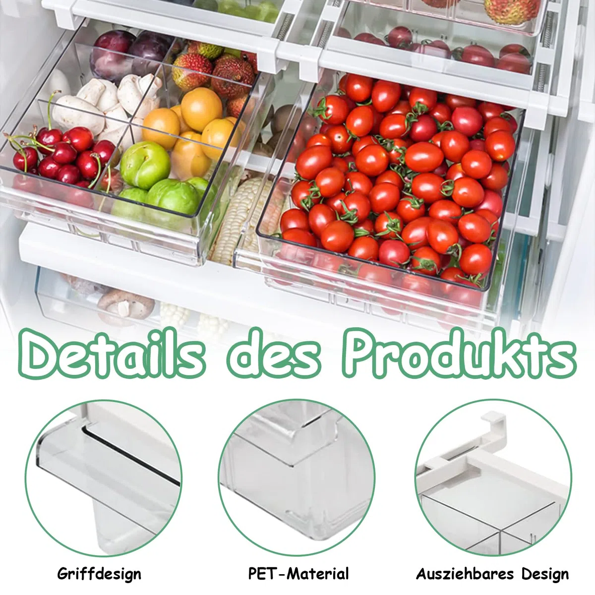 Organizzatore per Frigorifero, 30,5 x 20 x 9,5 cm, Organizzatore a Cassetto Retrattile per Frigorifero, Organizer per Cassetti Frigo Trasparente Rimovibile Contenitori, per Verdure, Frutta, Uova
