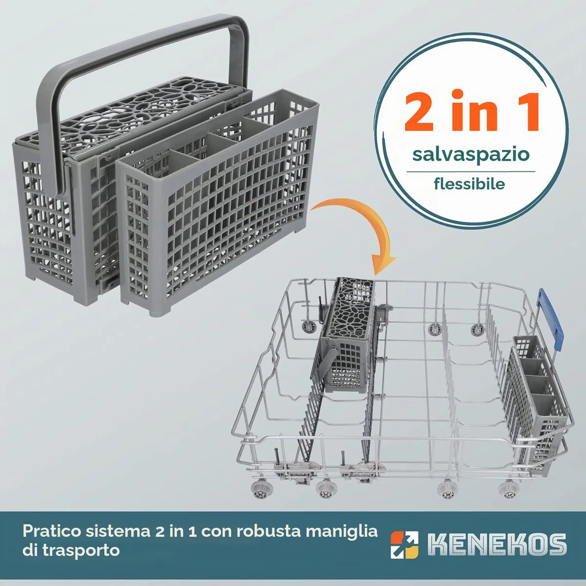 Kenekos - Cestino portaposate 2 in 1 universale divisibile, adatto a molte lavastoviglie e lavastoviglie compatibili con Bosch Siemens Miele AEG Neff - 23,0 cm x (8,5 cm + 4,5 cm) x 13,5 cm
