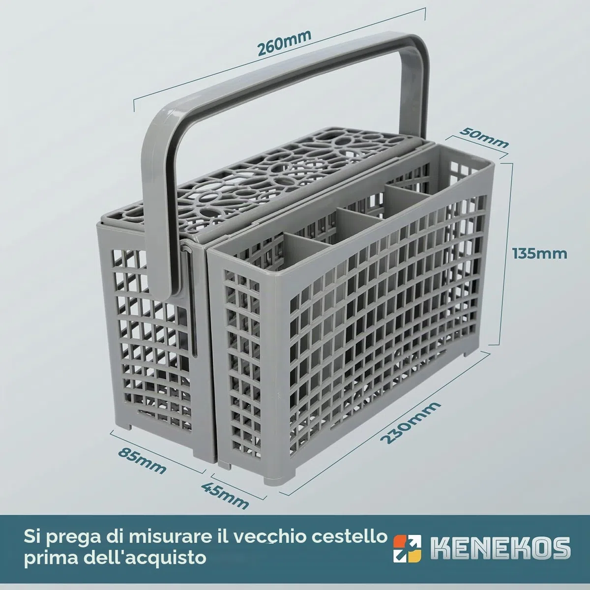 Kenekos - Cestino portaposate 2 in 1 universale divisibile, adatto a molte lavastoviglie e lavastoviglie compatibili con Bosch Siemens Miele AEG Neff - 23,0 cm x (8,5 cm + 4,5 cm) x 13,5 cm