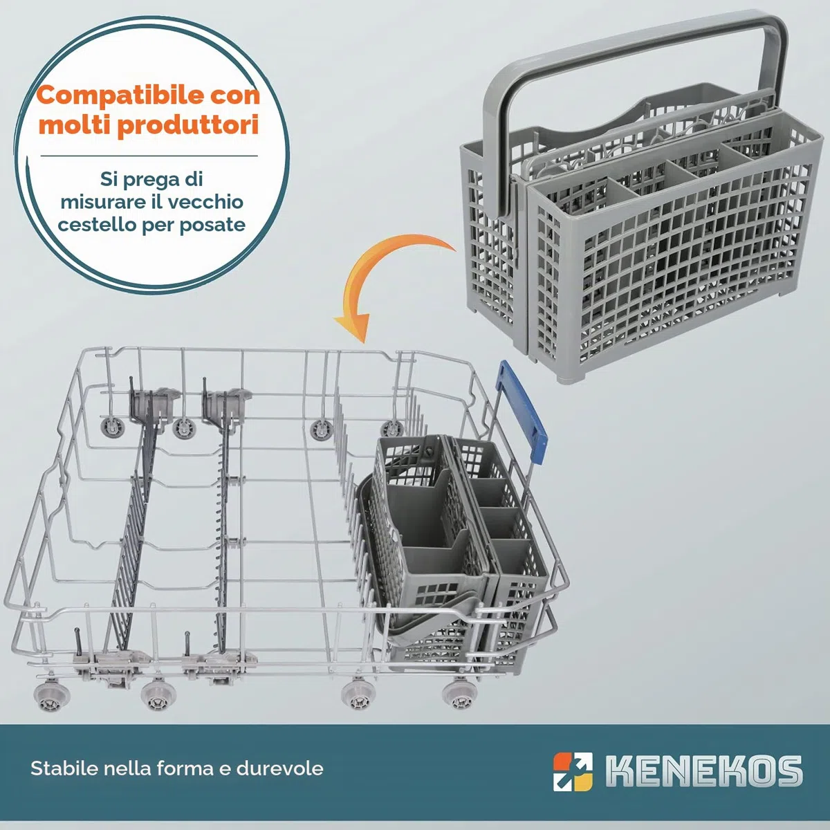 Kenekos - Cestino portaposate 2 in 1 universale divisibile, adatto a molte lavastoviglie e lavastoviglie compatibili con Bosch Siemens Miele AEG Neff - 23,0 cm x (8,5 cm + 4,5 cm) x 13,5 cm