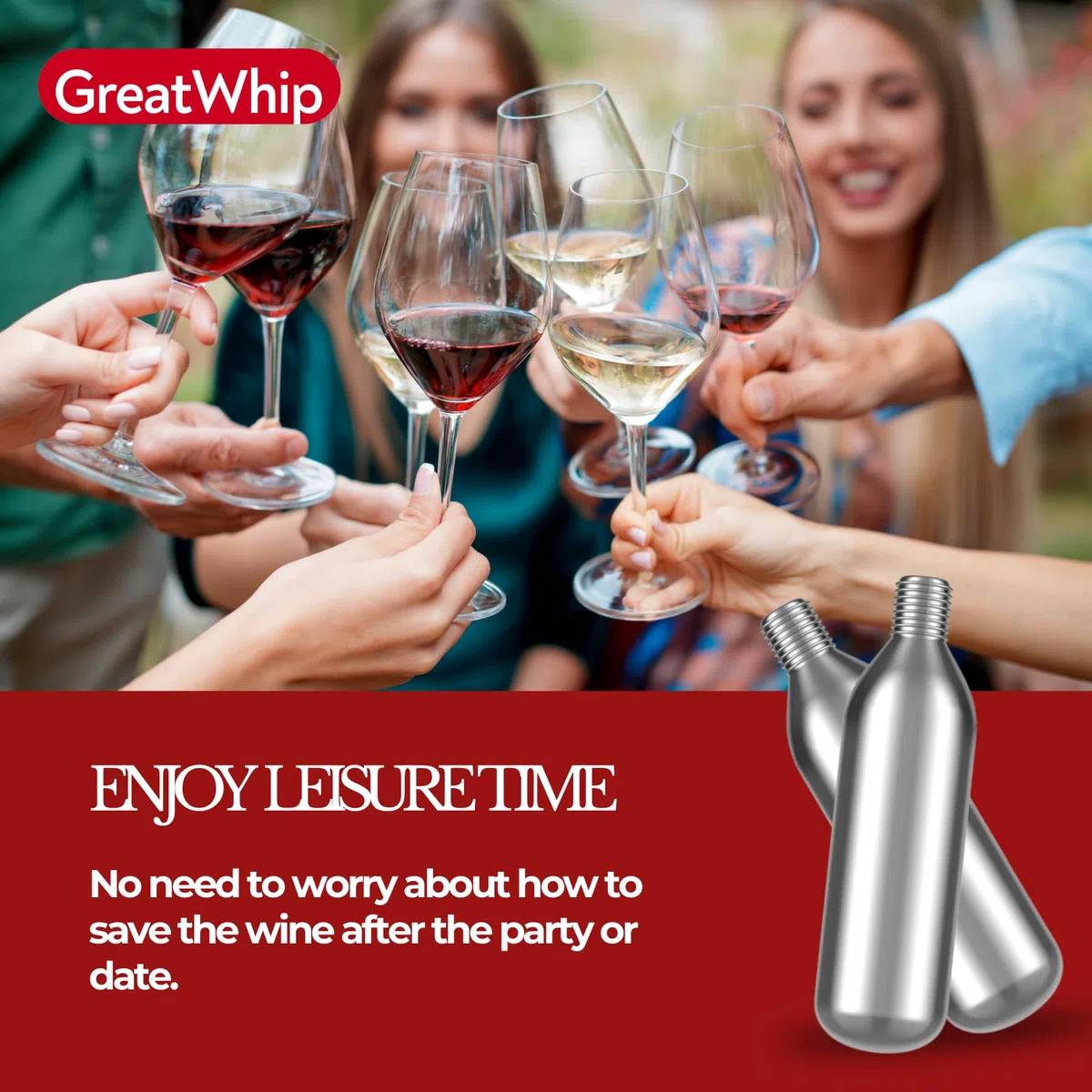 GreatWhip Argon - Capsule di gas compatibili con sistemi di conservazione del vino (10 confezioni), in plastica, colore argento, tappo cicindrico per la conservazione del vino