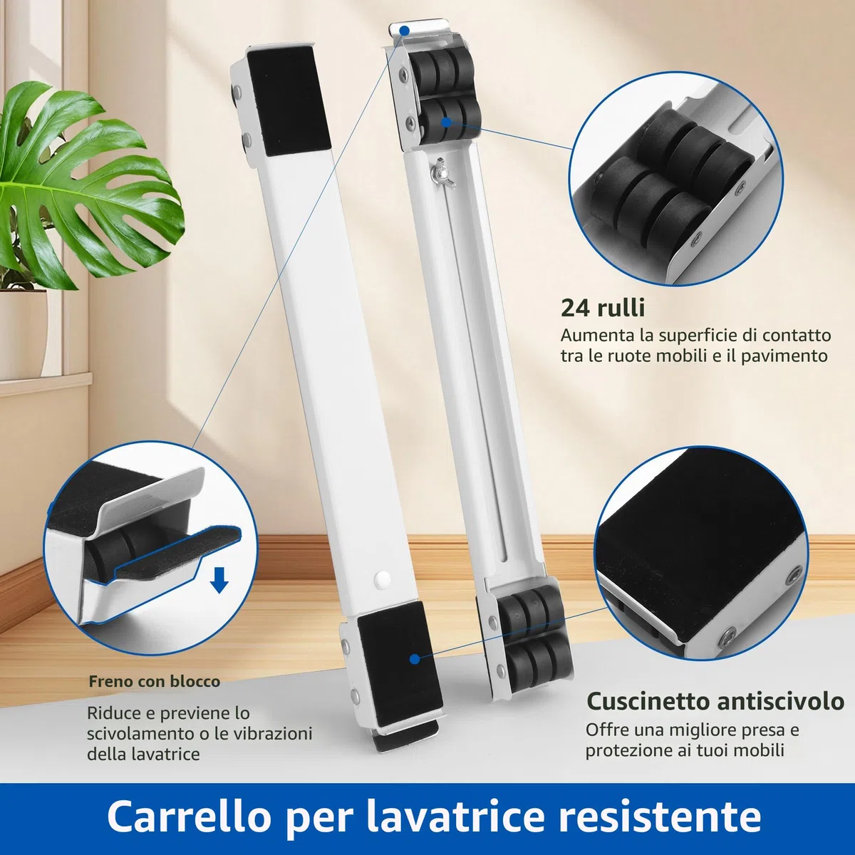 2 PCS Carrello Lavatrice,regolabile Sposta Mobili Con Ruote,Durevole,Con gomma antiscivolo Ruote Lavatrice,Adatto per lavatrici,frigoriferi,divani e armadi.Può sopportare 300 kg (Bianco)