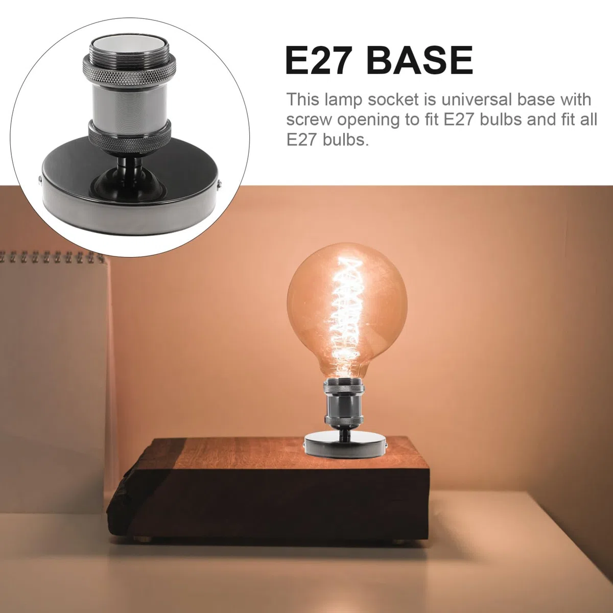 Portalampada Vintage E27 in Acciaio Inox, Base per Lampada da Soffitto Apertura a Vite, Presa di Luce Esterna per Illuminazione Casa e Cucina, Design Retrò in Metallo Robusto