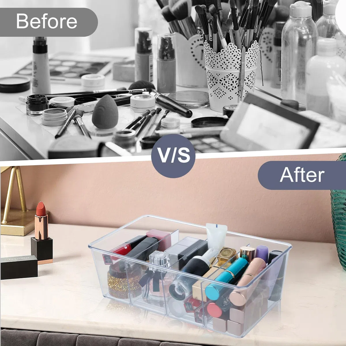 Set di 2 Organizer Frigorifero Cucina Organiser Frigo Contenitori Trasparenti Organizer con 4 scomparti,senza BPA,adatto per conservare bustine di tè,snack e spezie(Trasparente)