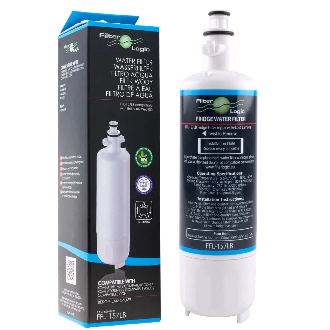 FilterLogic FFL-157LB | Filtro acqua sostituisce cartuccia 4874960100 compatibile con Beko, Smeg, Grundig, Kuppersbusch frigorifero frigo americano 4 porte